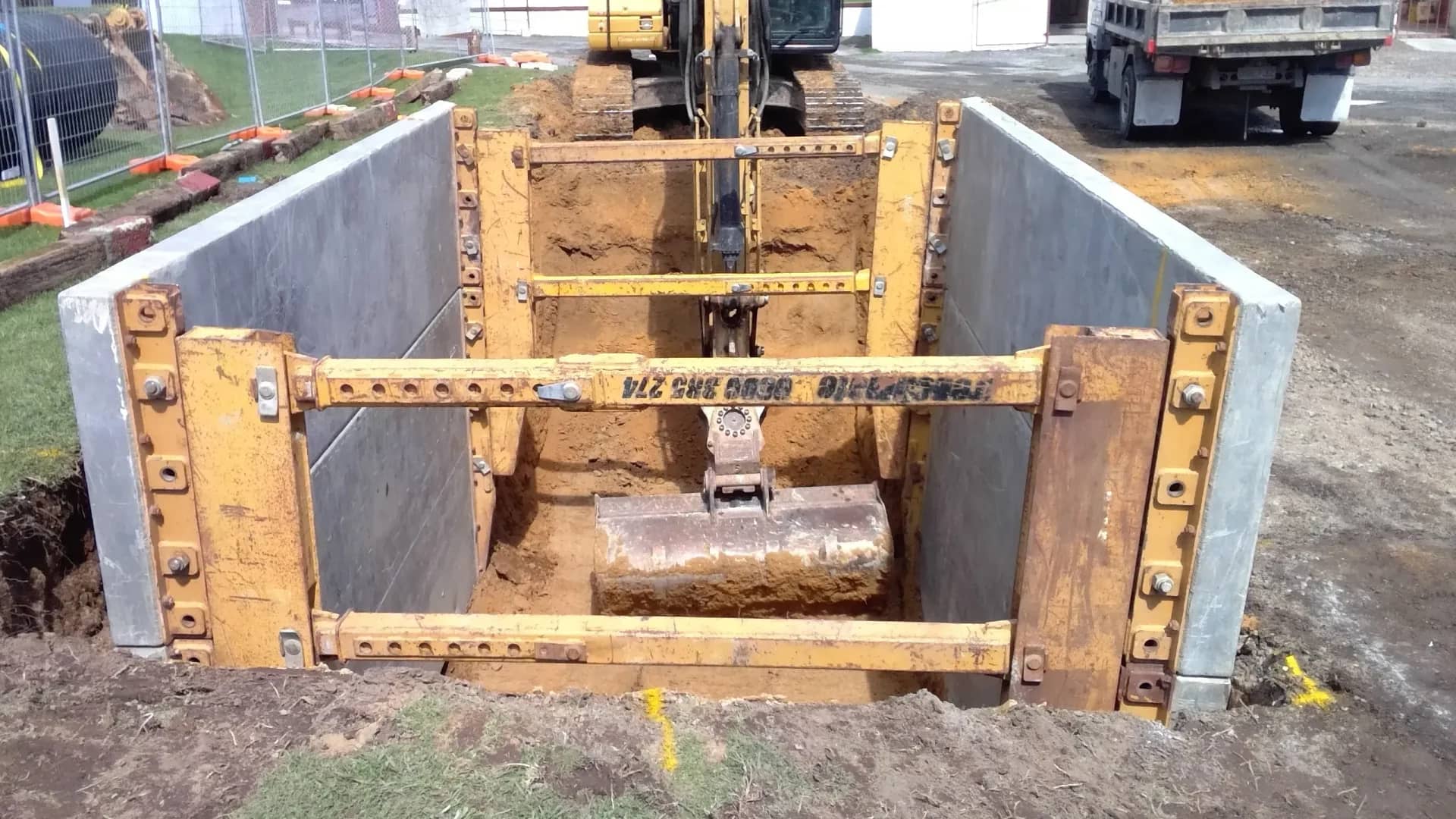 Professional trench protection equipment at construction site